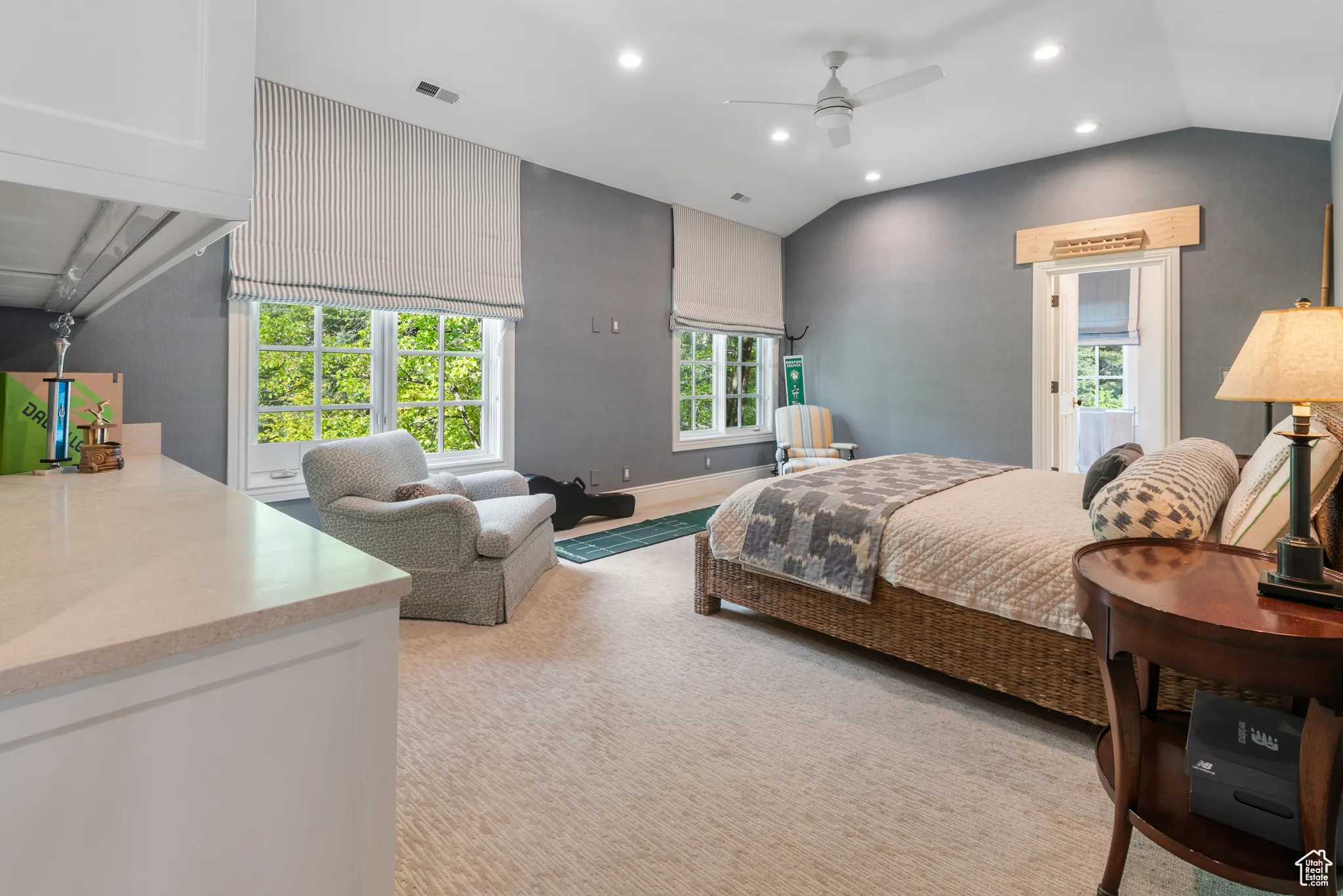 Bedroom featuring vaulted ceiling, recessed lighting, and a ceiling fan