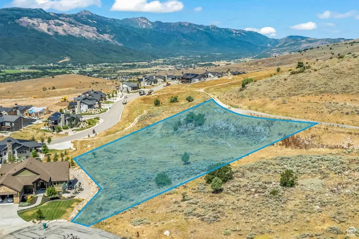Aerial perspective of suburban area with property parcel outlined and mountains