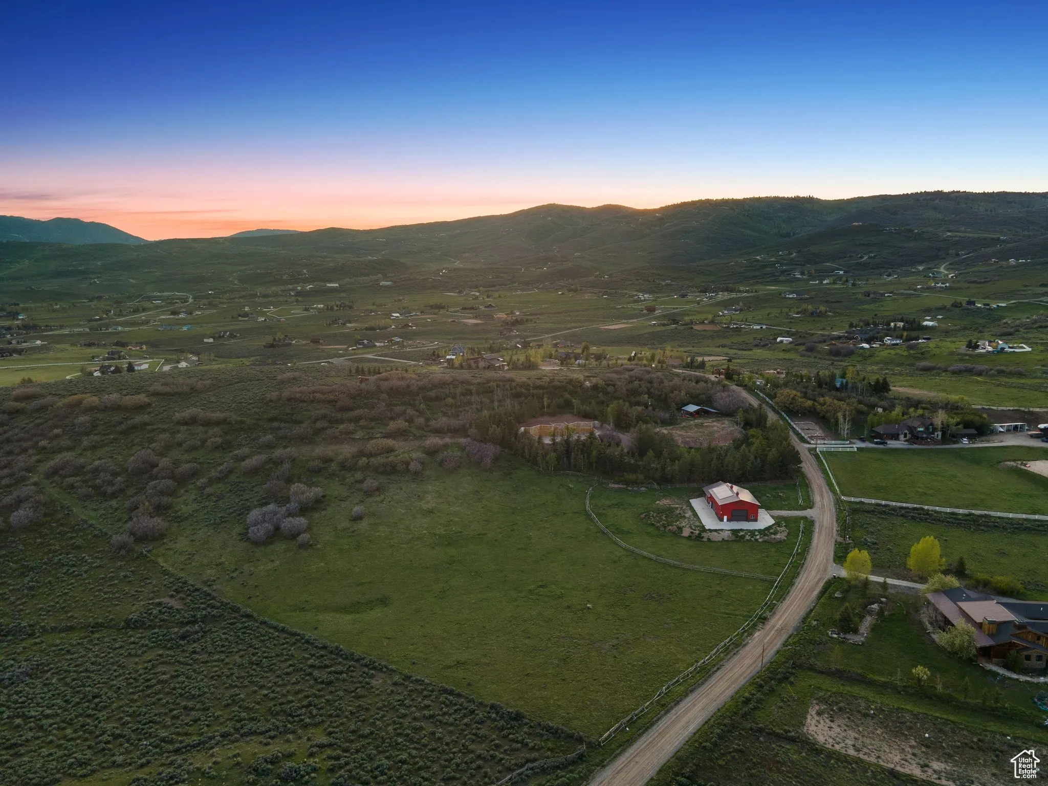 Aerial view at dusk of a mountain view