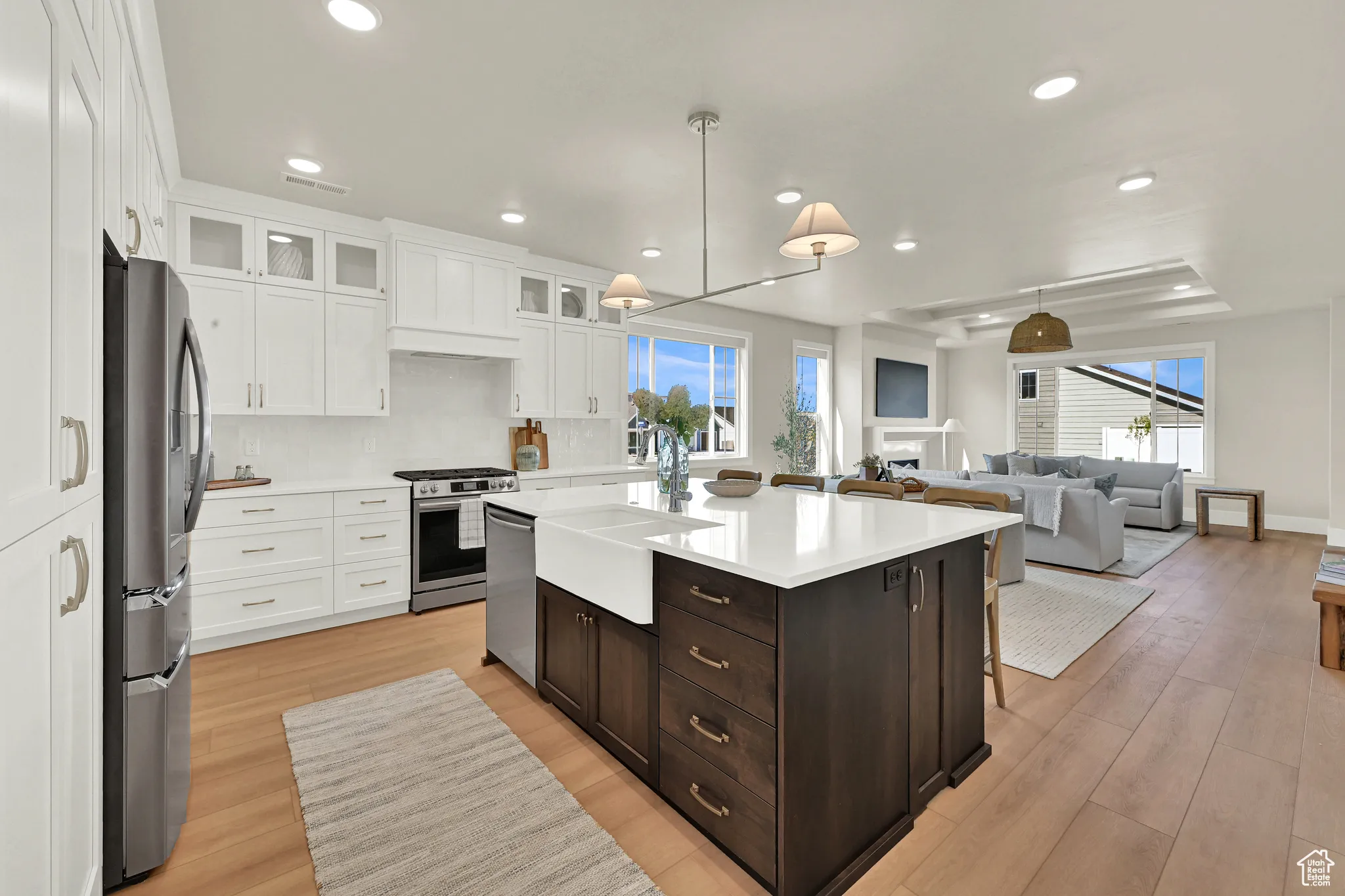 Kitchen with white cabinets, pendant lighting, glass insert cabinets, a raised ceiling, and stainless steel appliances