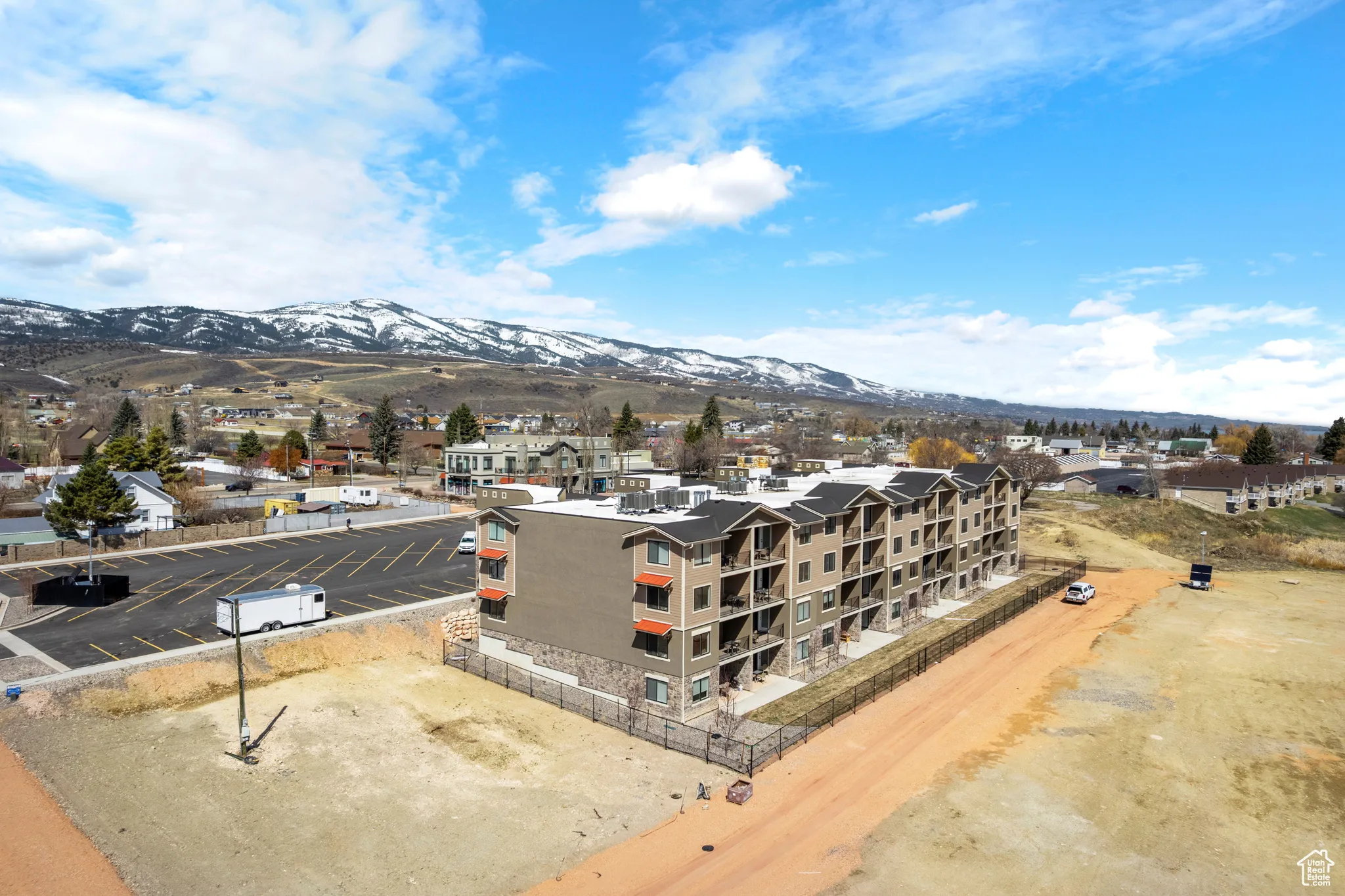 Drone / aerial view of a mountainous background