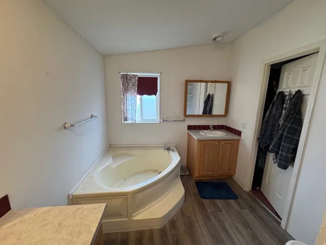 Bathroom featuring vanity, dark wood-type flooring, a bath, and vaulted ceiling