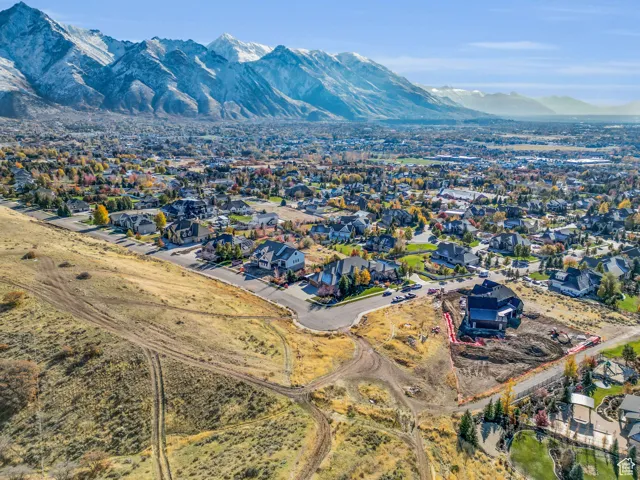 Aerial view of residential area with a mountain backdrop