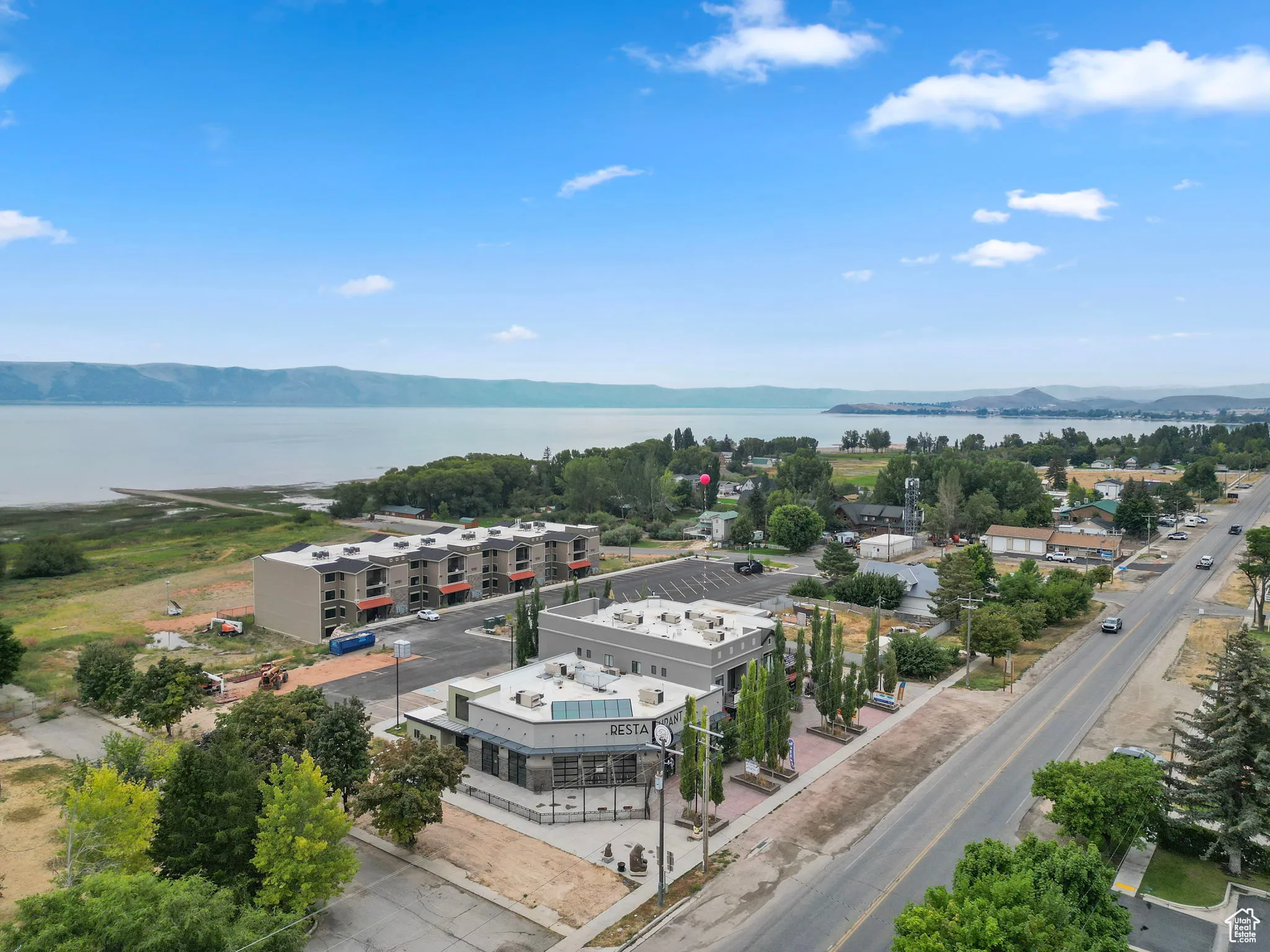 Aerial view of a water and mountain view