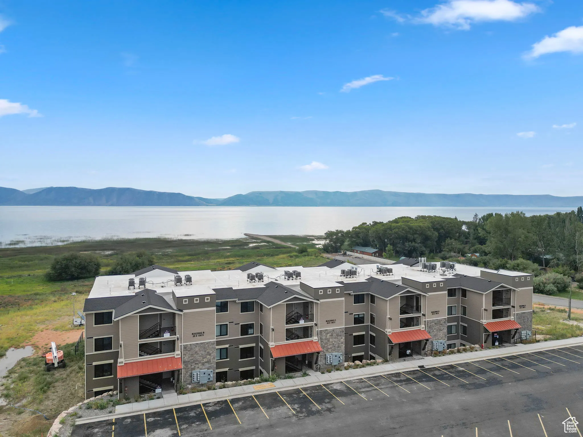Aerial view of a water and mountain view