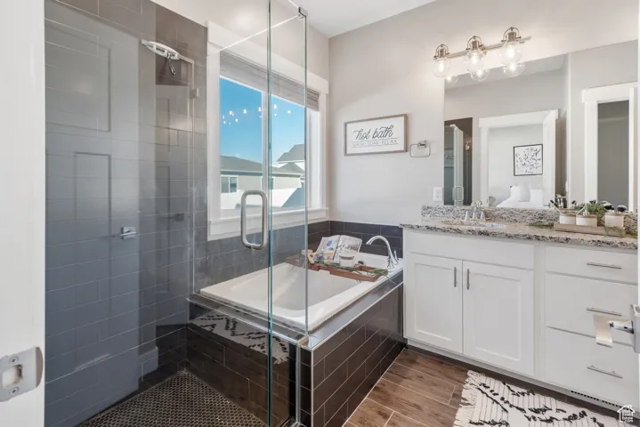 Bathroom with a shower stall, a bath, and vanity