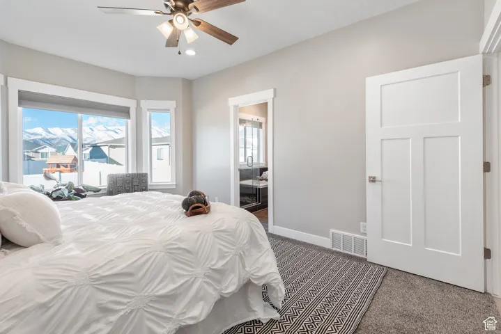 Carpeted bedroom with ceiling fan and connected bathroom