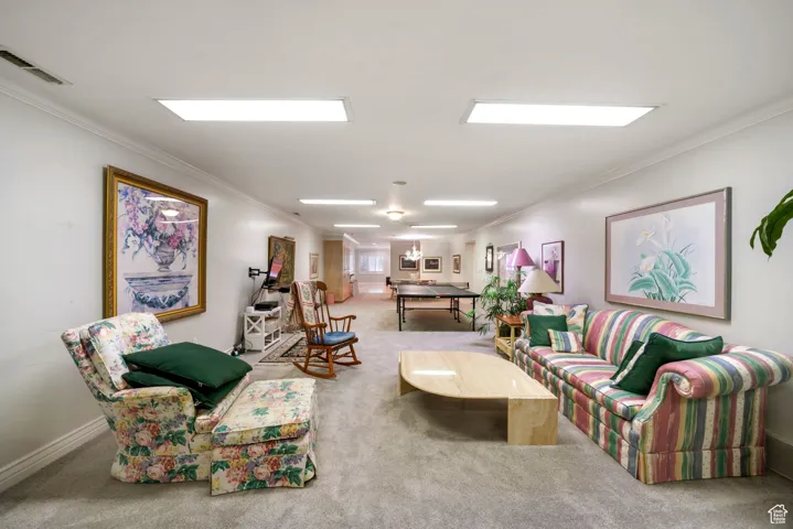 Living room with carpet and crown molding