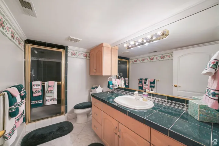 Bathroom with vanity, a stall shower, and ornamental molding