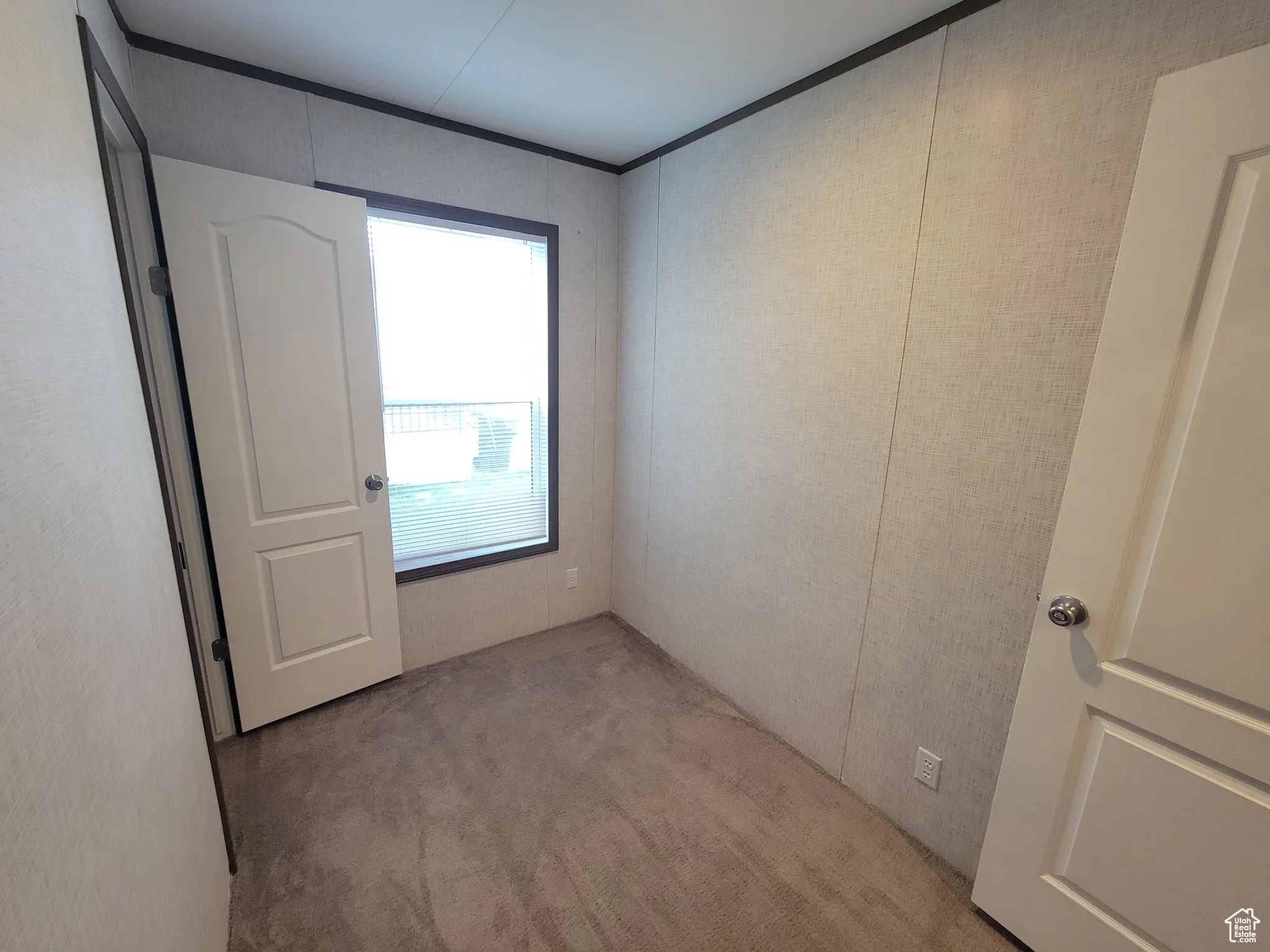 Unfurnished room featuring light colored carpet and ornamental molding