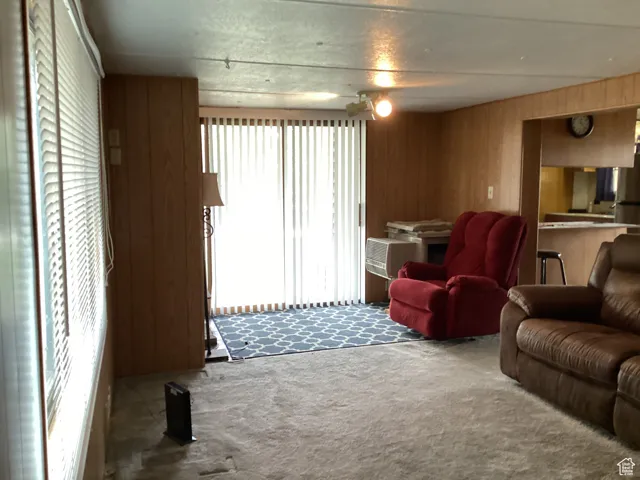 Carpeted living area featuring healthy amount of natural light and wood walls