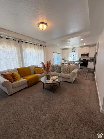 Living room with dark colored carpet, a textured ceiling, a raised ceiling, baseboards, and recessed lighting