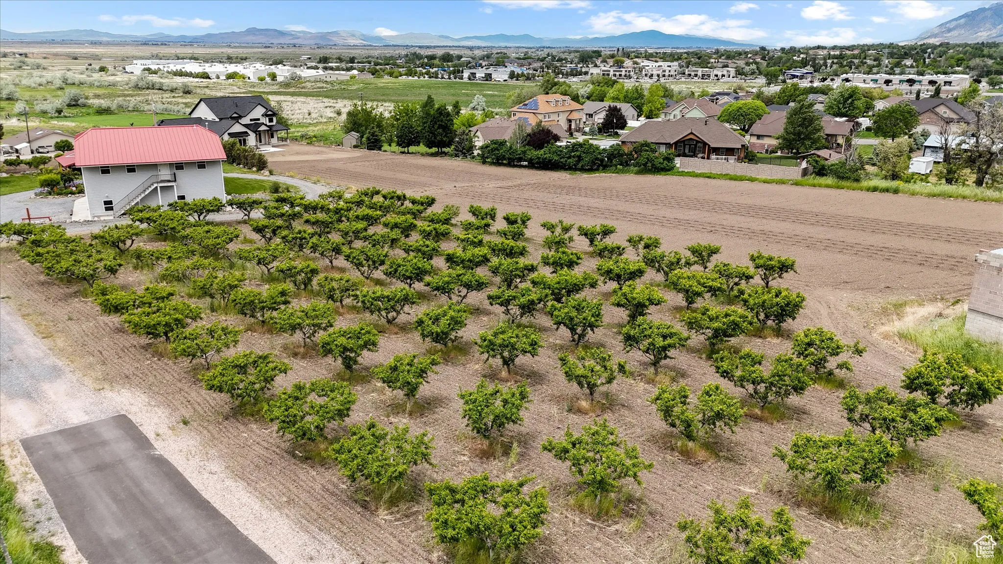 Aerial perspective of suburban area with mountains