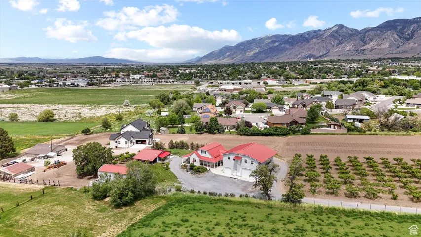 Aerial perspective of suburban area featuring mountains