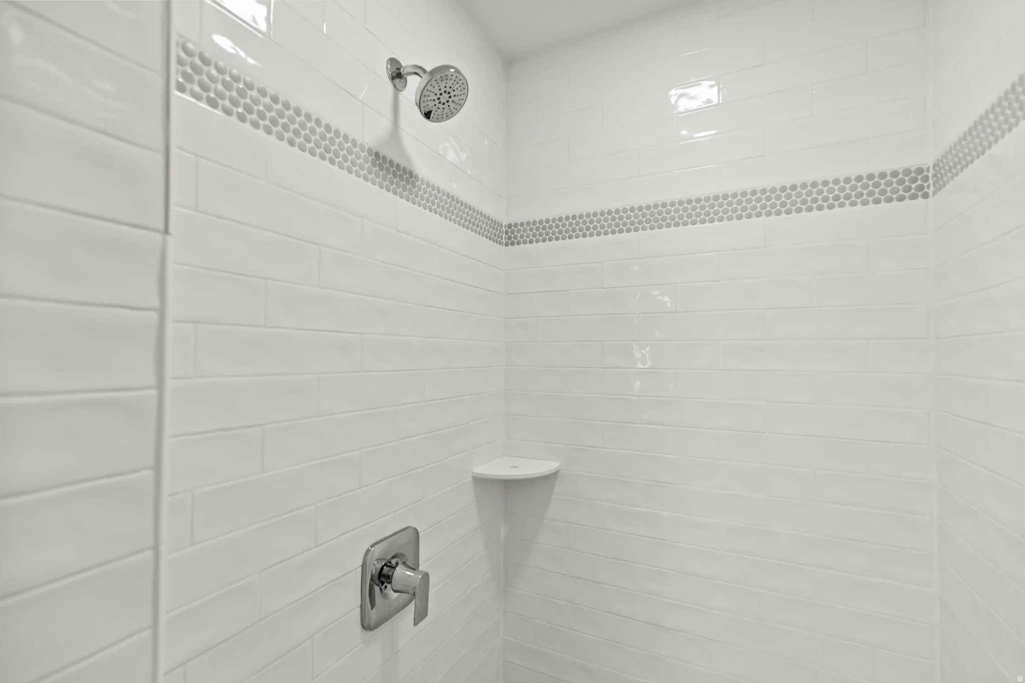 Bathroom view of a tile shower