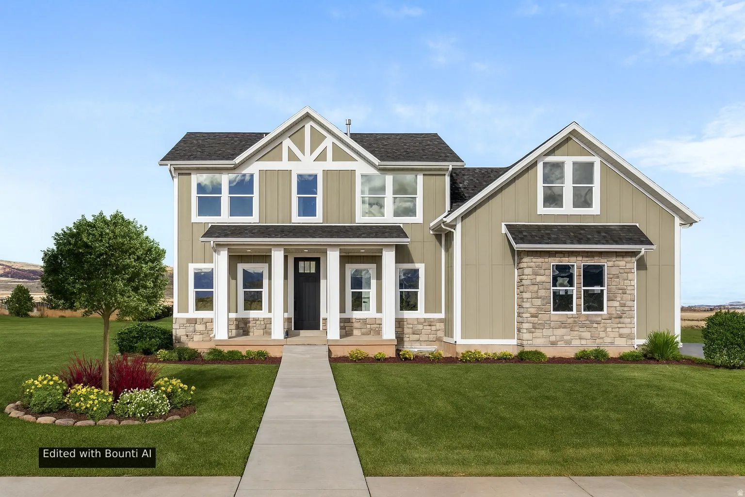 Craftsman inspired home featuring stone siding, a front lawn, a porch, a shingled roof, and board and batten siding