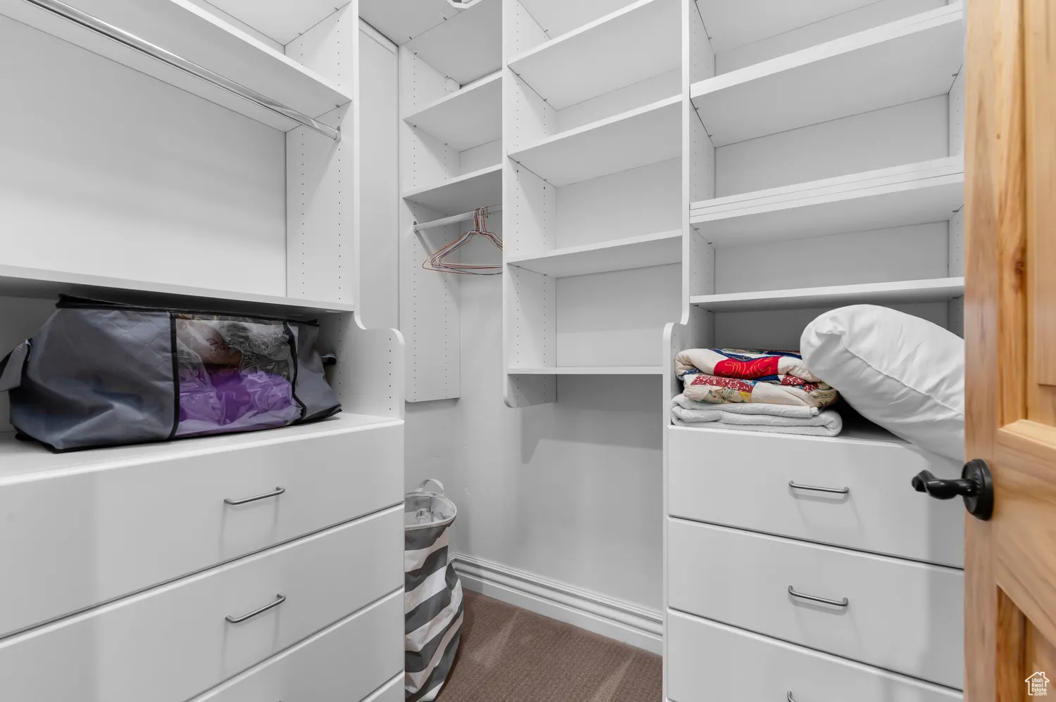 Walk in closet with dark carpet