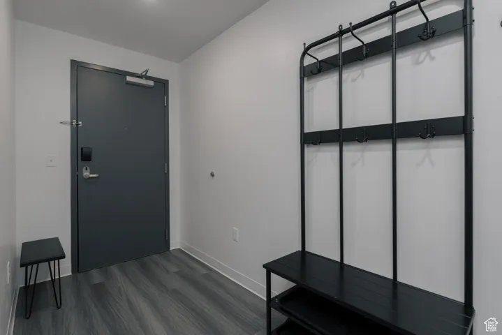 Mudroom featuring baseboards and dark wood-style flooring