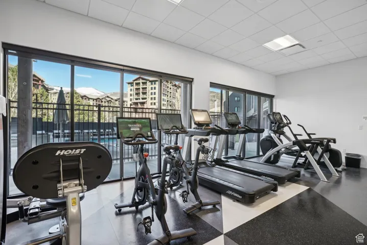 Workout area featuring healthy amount of natural light and a drop ceiling