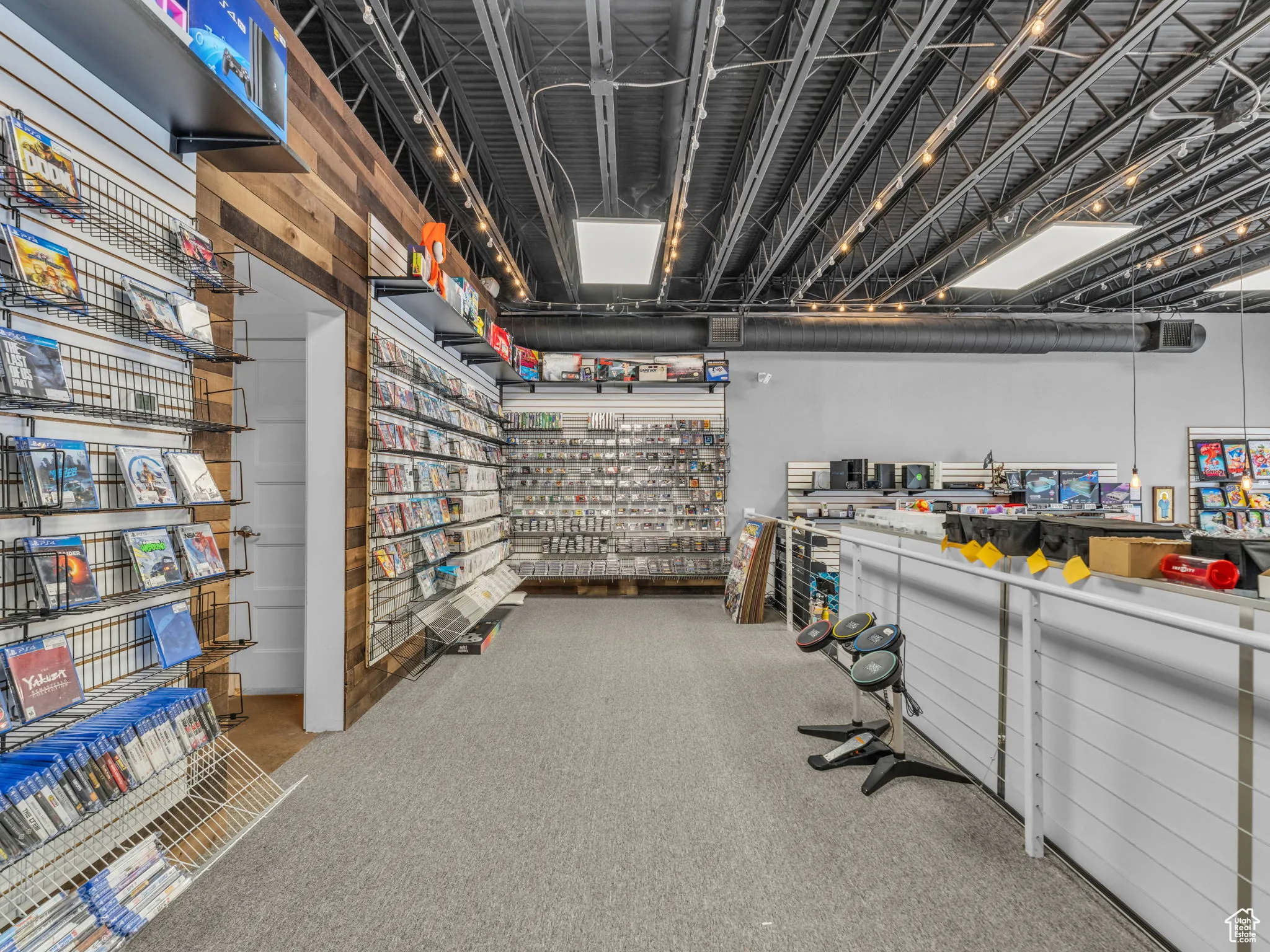 Basement with carpet