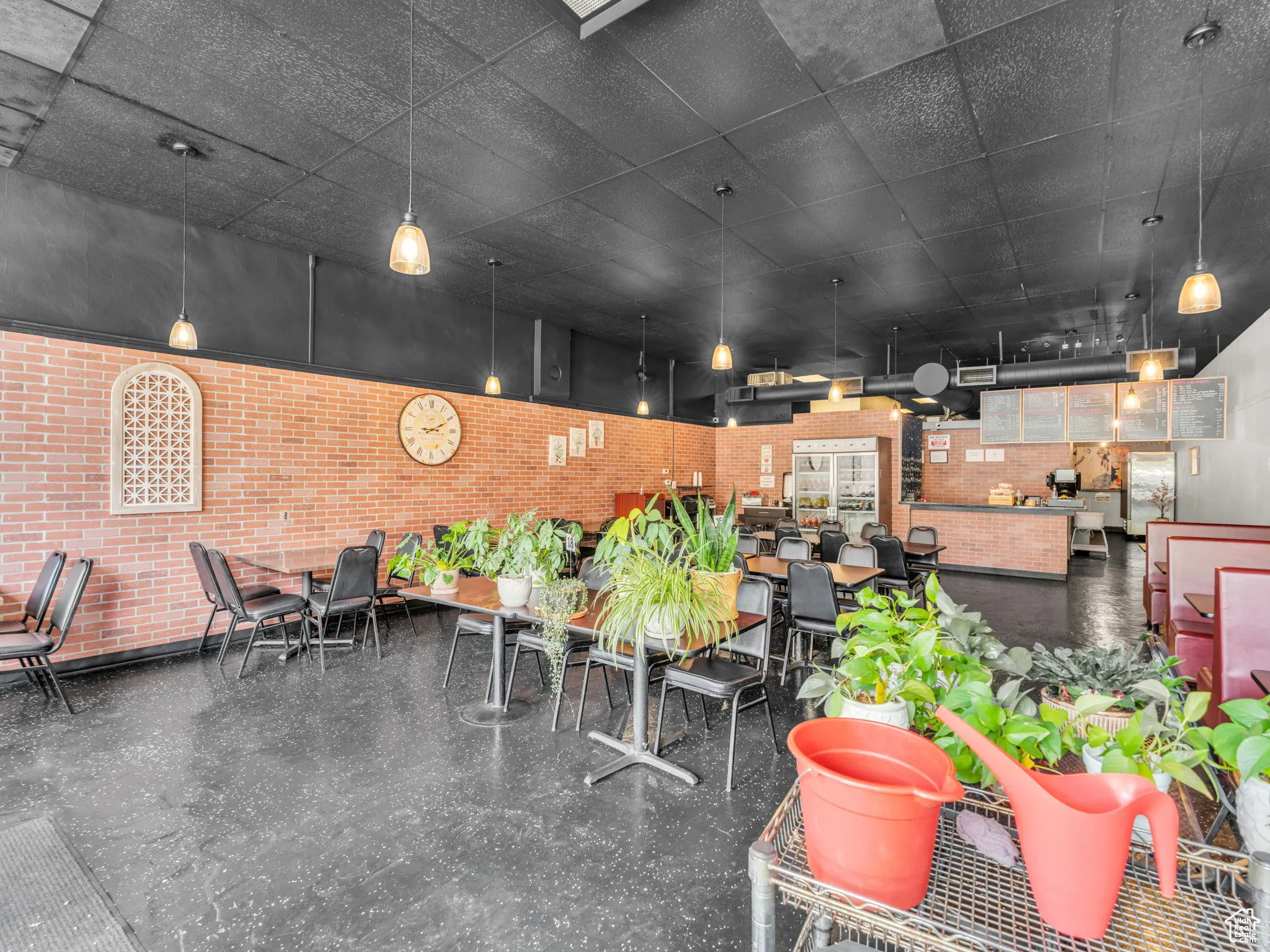 Dining space with brick wall