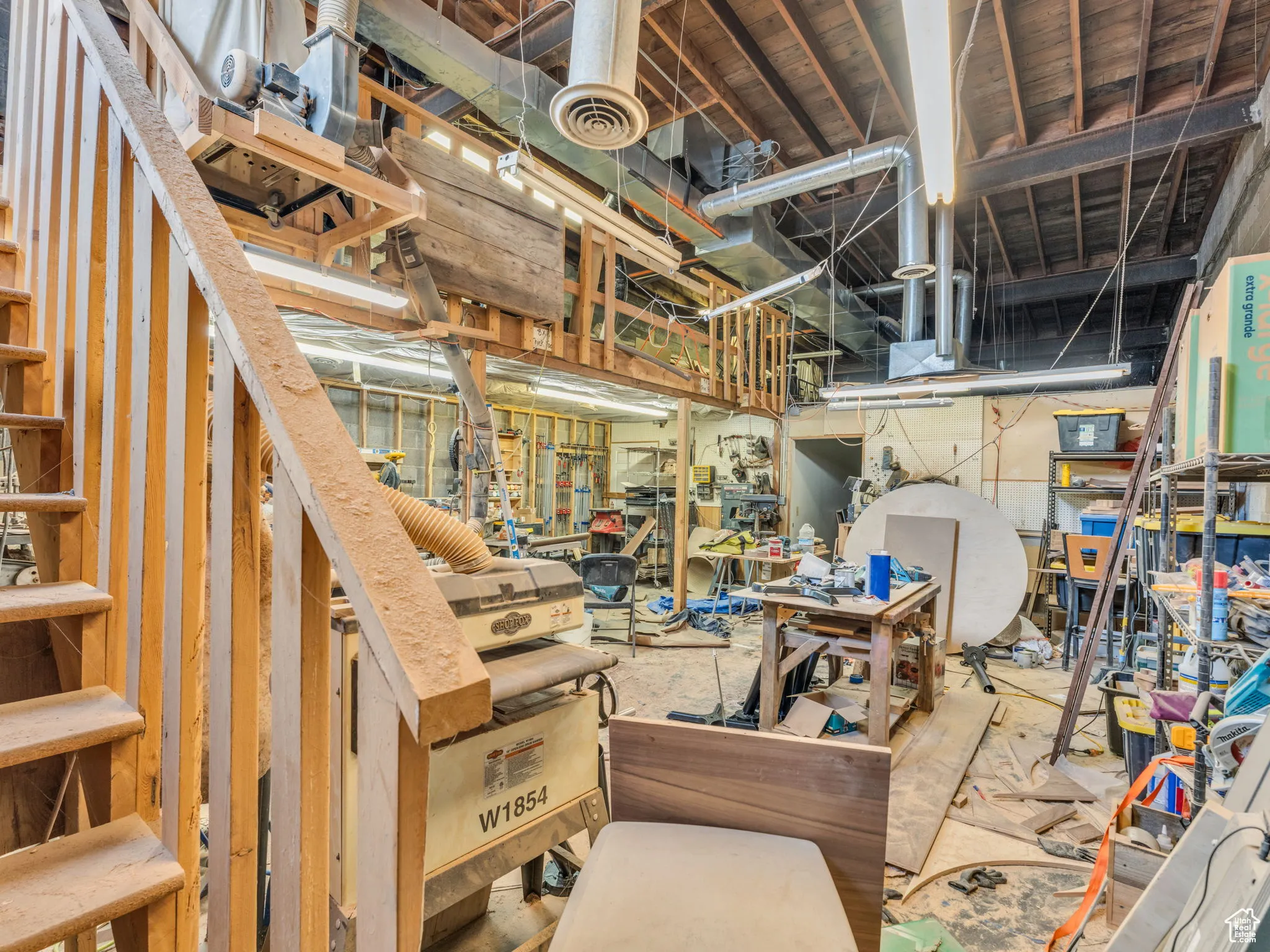 Basement with a workshop area