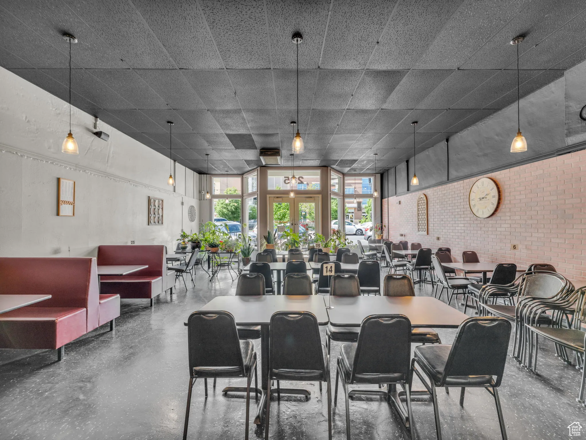 Dining room with brick wall
