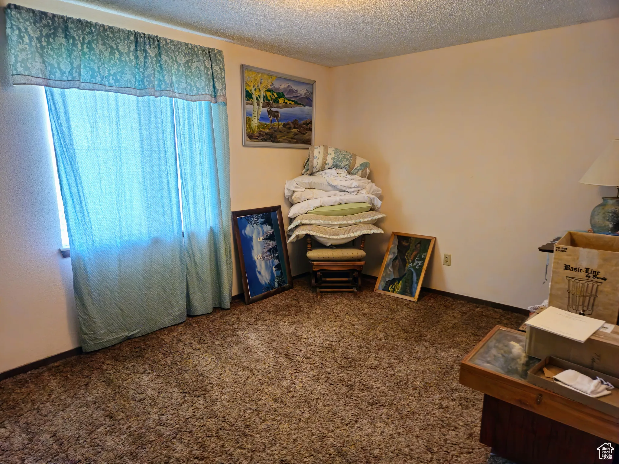 Carpeted bedroom with a textured ceiling