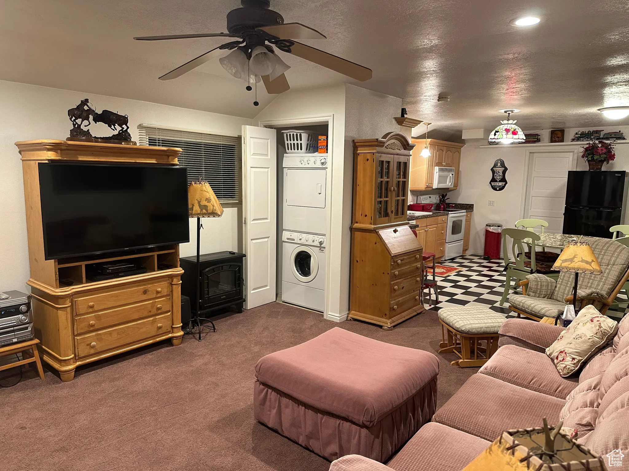 Living room featuring stacked washer / dryer, dark colored carpet, and a ceiling fan