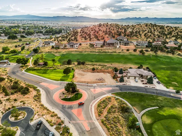 Aerial view of residential area with a mountain backdrop