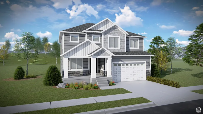 View of front facade with board and batten siding, driveway, an attached garage, and stone siding