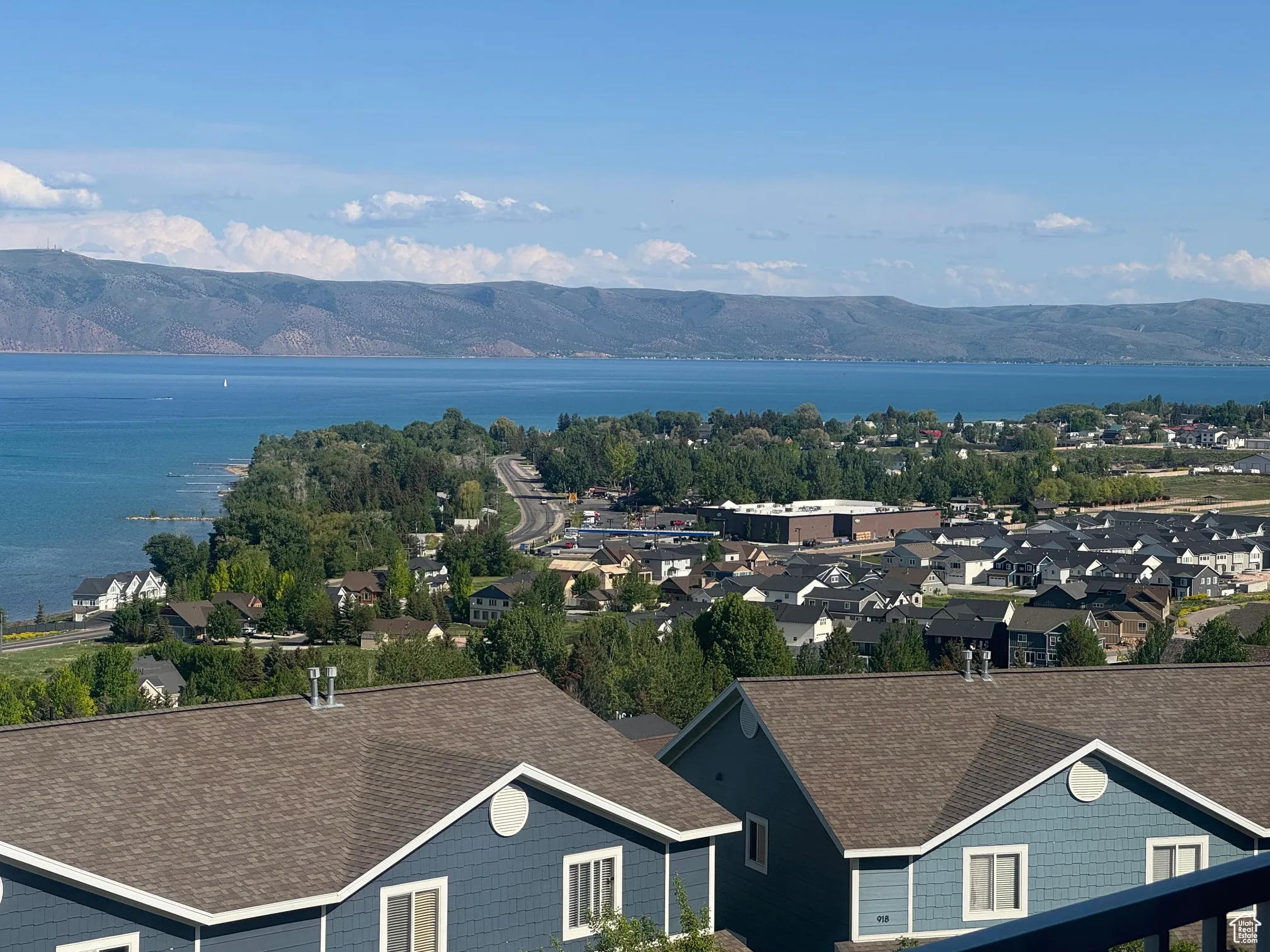 Aerial view of a water and mountain view