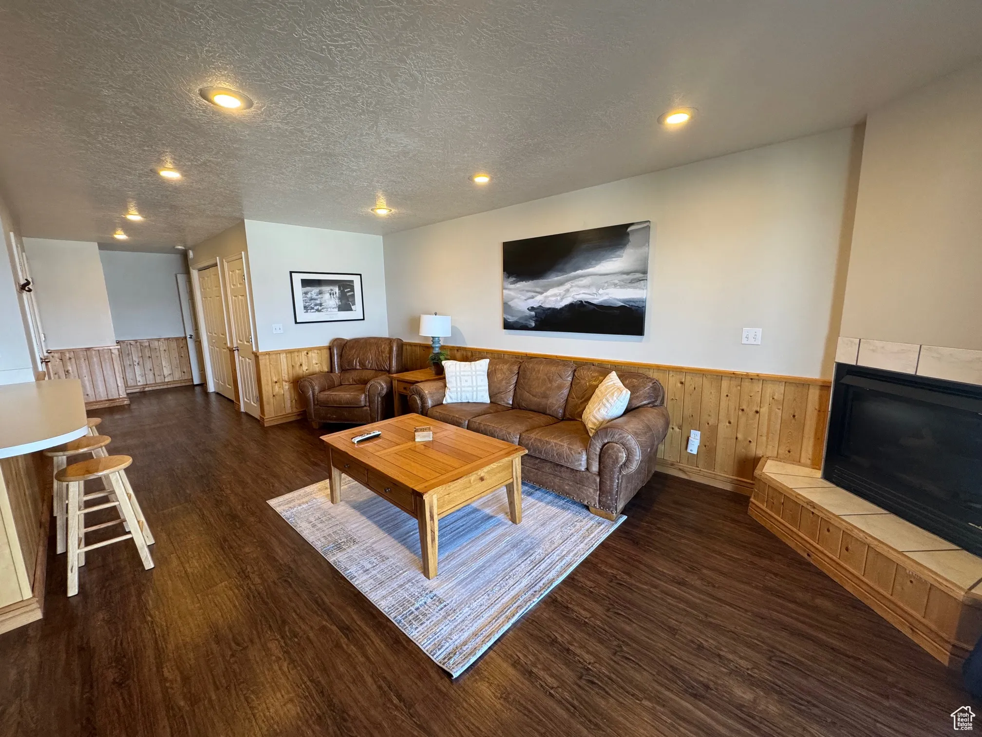 Living area featuring wainscoting, dark wood-style flooring, a fireplace, recessed lighting, and a textured ceiling