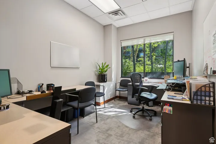 Home office with a paneled ceiling and carpet