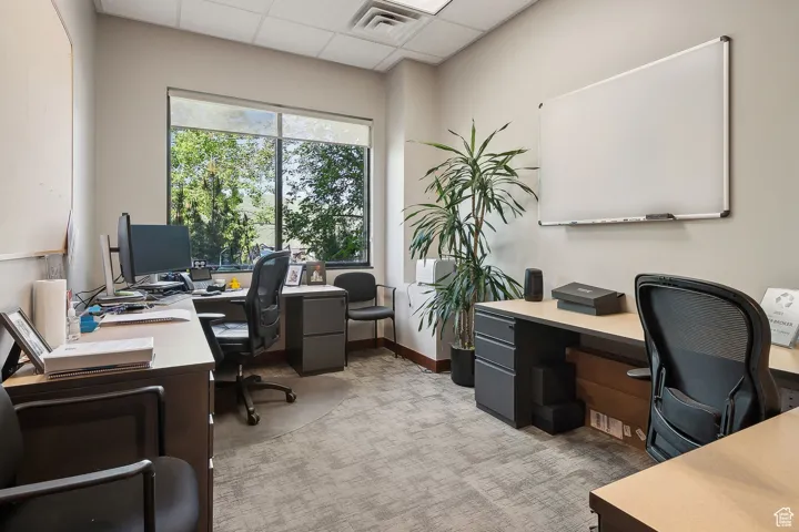 Home office featuring light colored carpet and a drop ceiling