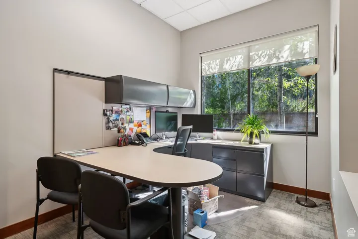 Office area with baseboards and a paneled ceiling