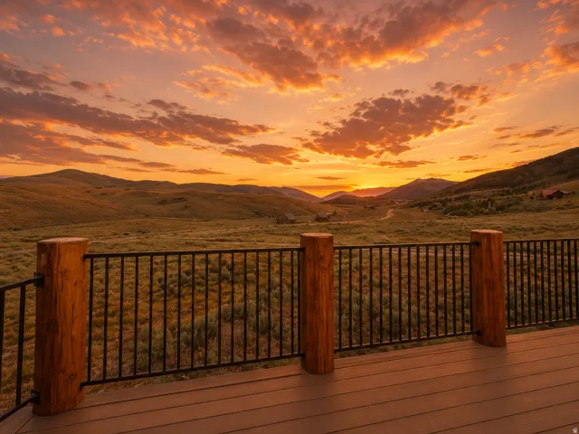 Spacious outdoor deck featuring wood-finish flooring, sturdy log posts, and dark metal railings
