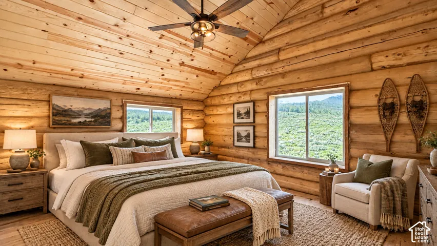 Vaulted wood-paneled ceiling with a ceiling fan
