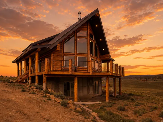 Log cabin residence featuring a steep-pitched roofline and expansive windows