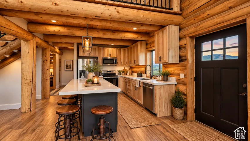 Exposed log construction with overhead beams, kitchen featuring wood cabinetry, stainless steel appliances, and a central island with a light-colored countertop