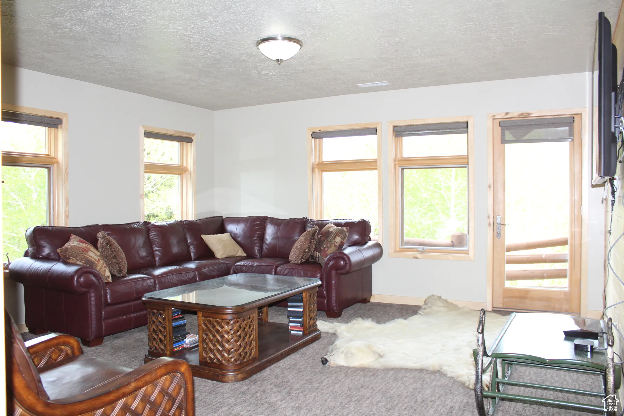 Carpeted living room featuring a textured ceiling and baseboards