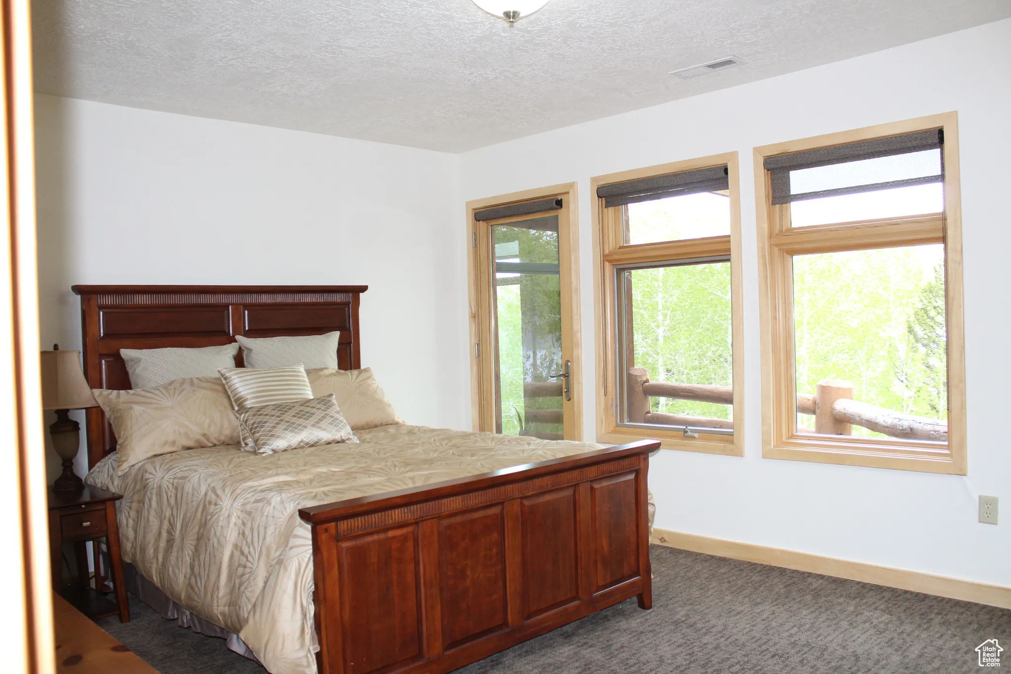 Bedroom featuring carpet flooring, a textured ceiling, access to exterior, and baseboards
