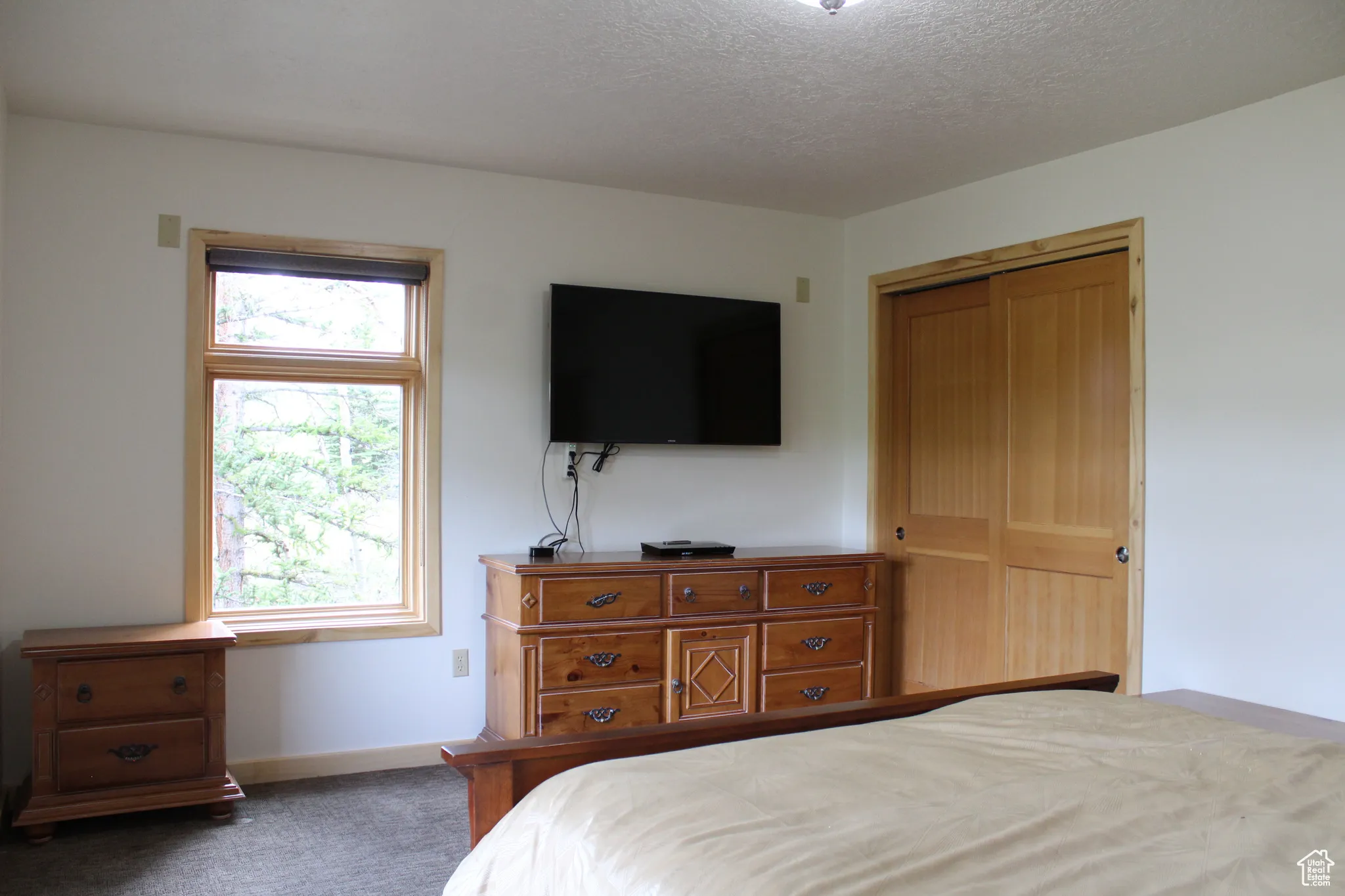 Bedroom with baseboards, a closet, carpet floors, and a textured ceiling