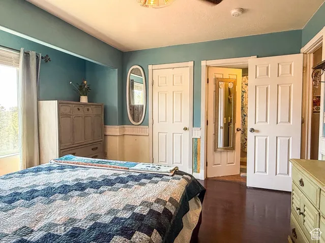 Bedroom with dark wood finished floors, a closet, and wainscoting