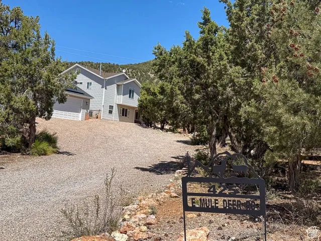 View of property hidden behind natural elements with gravel driveway