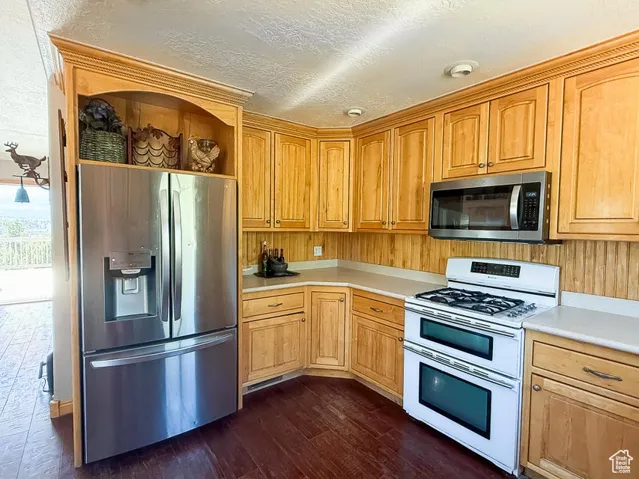 Kitchen with appliances with stainless steel finishes, open shelves, light countertops, dark wood-type flooring, and a textured ceiling