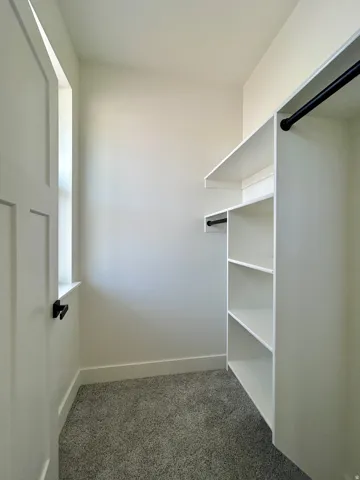 Spacious closet with dark carpet