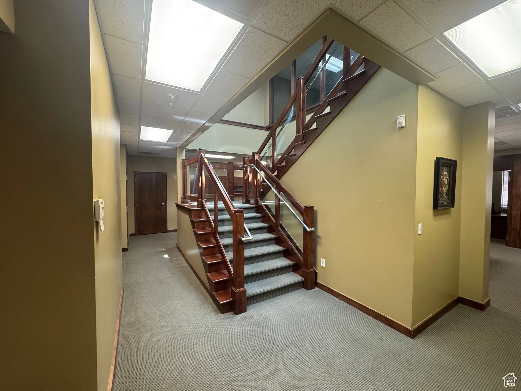 Stairway featuring a drop ceiling and carpet