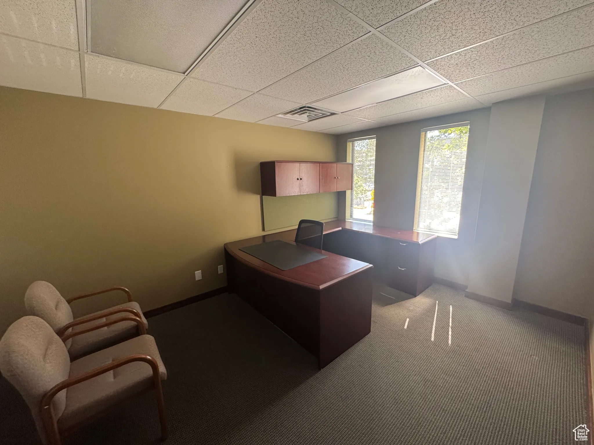 Office with a paneled ceiling and carpet flooring