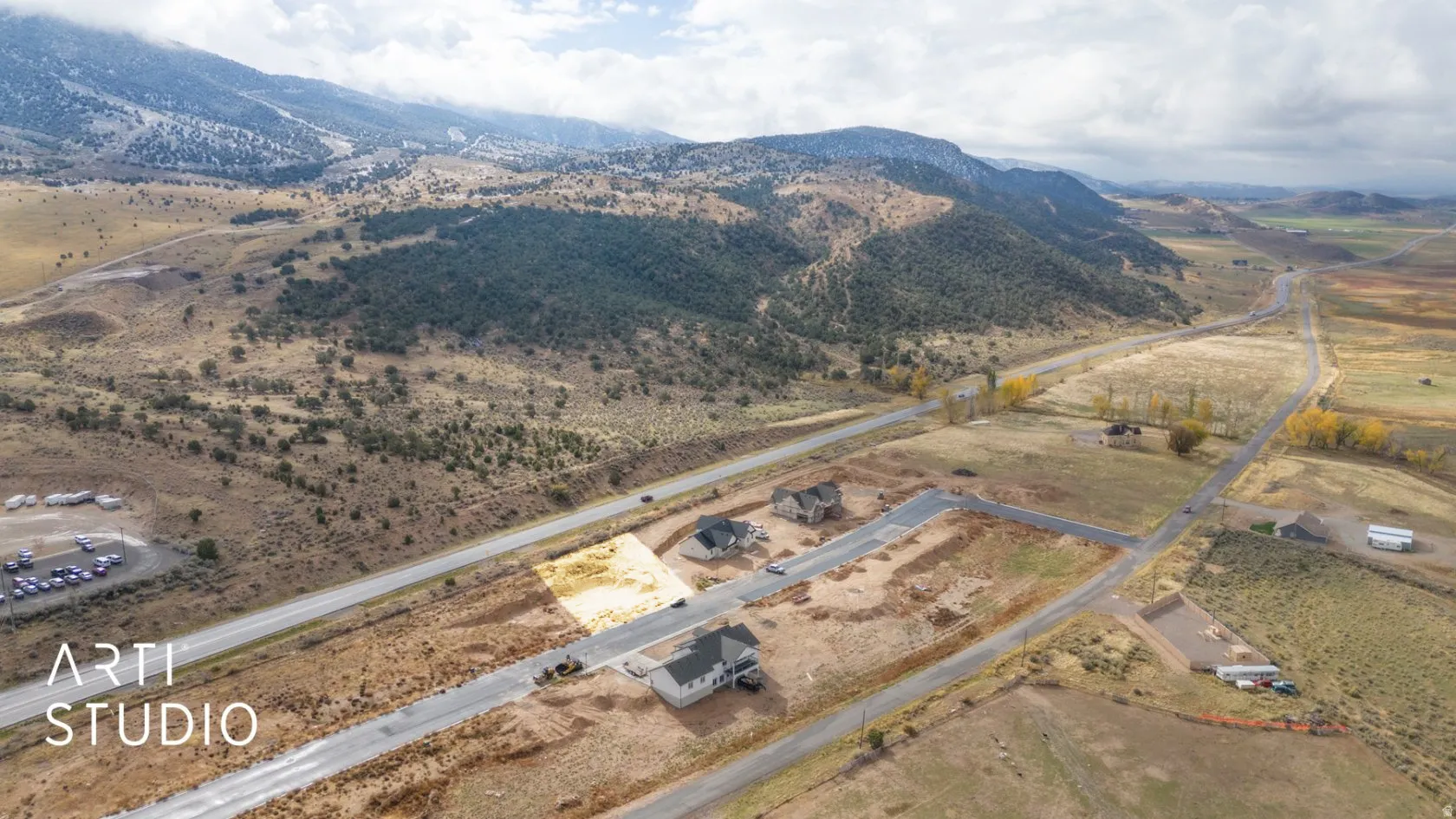 Bird's eye view of a mountainous background